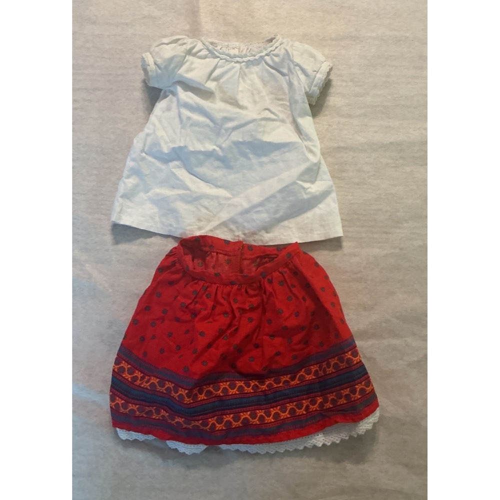 American Girl Doll White Blouse and Red Patterned Lace Trim Skirt Outfit Set